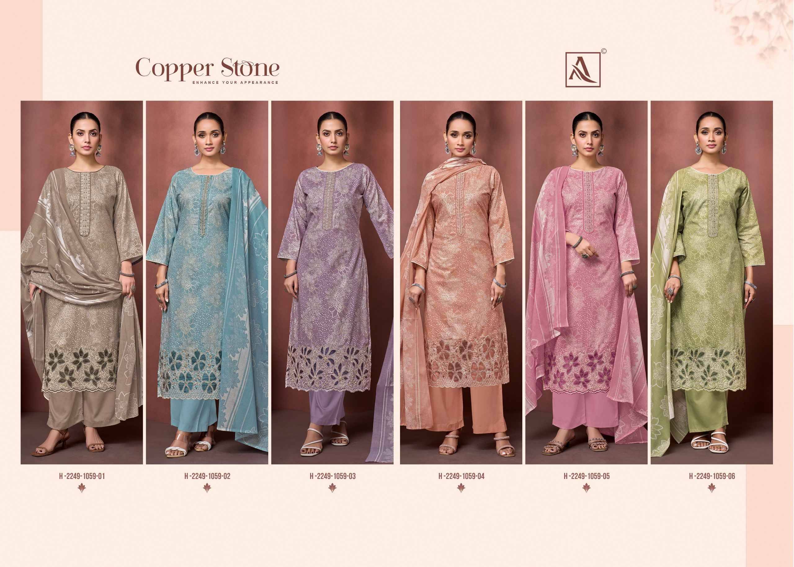COPPER STONE 1059 By Alok Pakistani Stylish Beautiful Colourful Printed & Embroidered Party Wear & Occasional Wear Pure cotton Dresses At Wholesale Price